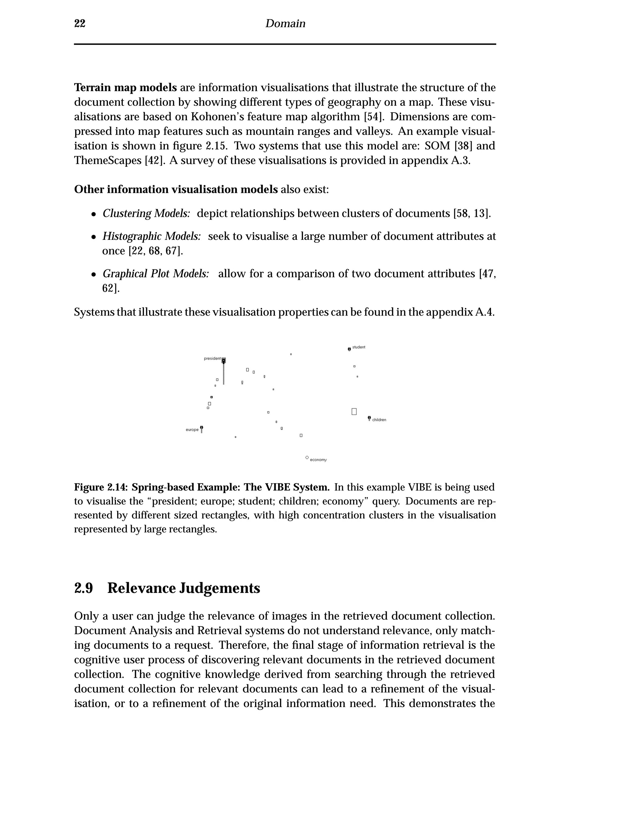 22 Domain
Terrain map models are information visualisations that illustrate the structure of the
document collection by showing different types of geography on a map. These visu-
alisations are based on Kohonen’s feature map algorithm [54]. Dimensions are com-
pressed into map features such as mountain ranges and valleys. An example visual-
isation is shown in ﬁgure 2.15. Two systems that use this model are: SOM [38] and
ThemeScapes [42]. A survey of these visualisations is provided in appendix A.3.
Other information visualisation models also exist:
¯ Clustering Models: depict relationships between clusters of documents [58, 13].
¯ Histographic Models: seek to visualise a large number of document attributes at
once [22, 68, 67].
¯ Graphical Plot Models: allow for a comparison of two document attributes [47,
62].
Systems that illustrate these visualisation properties can be found in the appendix A.4.
Figure 2.14: Spring-based Example: The VIBE System. In this example VIBE is being used
to visualise the “president; europe; student; children; economy” query. Documents are rep-
resented by different sized rectangles, with high concentration clusters in the visualisation
represented by large rectangles.
2.9 Relevance Judgements
Only a user can judge the relevance of images in the retrieved document collection.
Document Analysis and Retrieval systems do not understand relevance, only match-
ing documents to a request. Therefore, the ﬁnal stage of information retrieval is the
cognitive user process of discovering relevant documents in the retrieved document
collection. The cognitive knowledge derived from searching through the retrieved
document collection for relevant documents can lead to a reﬁnement of the visual-
isation, or to a reﬁnement of the original information need. This demonstrates the
 