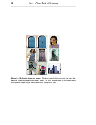 36 Survey of Image Retrieval Techniques
Figure 3.9: Misleading shape and texture . The ﬁrst image in this example is the query-by-
example image used as a content-based query. The other images in the grid were retrieved
through matching of shape, texture and colour (image from [56]).
 