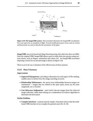 Ü3.3 Lessons to Learn: Previous Approaches to Image Retrieval 39
Figure 3.10: The ImageVIBE system. This screenshot illustrates the ImageVIBE visualisation
for a user query for an aeroplane in ﬂight. Several modiﬁcation query terms, such as vertical
and horizontal, are used to describe the orientation of the plane.
ImageVIBE: uses text-based and shape-based querying, but otherwise does not differ
from the original VIBE. ImageVIBE allows users to reﬁne their text queries using con-
tent criteria, such as shapes, orientation and colour [11]. An ImageVIBE screenshot
depicting a search for an aircraft image is shown in ﬁgure 3.10.
There is yet to be any evaluation of the effectiveness of these systems.
3.3.4.2 Phase 4 Summary
Improvements
¯ Improved Transparency: providing a dimension for each aspect of the ranking,
enables users to deduce how the image matching occurred.
¯ Relationship Maintenance: the query term relationships between images are
maintained — images that are related to the same query terms, by the same
magnitude, are co-located.
¯ User Relevance Judgements: users select relevant images from the retrieved
image collection, rather than relying on a combination of evidence algorithm to
determine the best match.
Further Problems
¯ Complex Interfaces: systems must be simple. It has been shown that the tradi-
tional VIBE interface is too complex for general users [45, 43, 44].
 