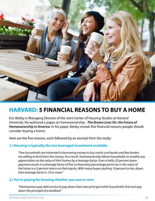 KEEPINGCURRENTMATTERS.COM 13
Eric Belsky is Managing Director of the Joint Center of Housing Studies at Harvard
University. He authored a paper on homeownership - The Dream Lives On: the Future of
Homeownership in America. In his paper, Belsky reveals five financial reasons people should
consider buying a home.
Here are the five reasons, each followed by an excerpt from the study:
1.) Housing is typically the one leveraged investment available.
	 “Few households are interested in borrowing money to buy stocks and bonds and few lenders
	 are willing to lend them the money. As a result, homeownership allows households to amplify any
	 appreciation on the value of their homes by a leverage factor. Even a hefty 20 percent down
	 payment results in a leverage factor of five so that every percentage point rise in the value of
	 the home is a 5 percent return on their equity. With many buyers putting 10 percent or less down,
	 their leverage factor is 10 or more.”
2.) You’re paying for housing whether you own or rent.
	 “Homeowners pay debt service to pay down their own principal while households that rent pay 	
	 down the principal of a landlord.”
HARVARD: 5 FINANCIAL REASONS TO BUY A HOME
 