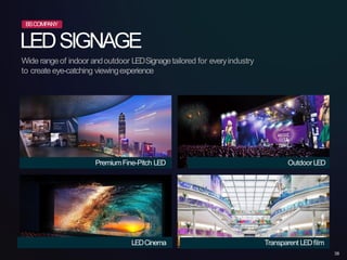 LEDSIGNAGE
Wide rangeof indoor andoutdoor LEDSignagetailored for everyindustry
to create eye-catching viewingexperience
PremiumFine-Pitch LED OutdoorLED
Transparent LEDfilm
LEDCinema
BSCOMPANY
38
 