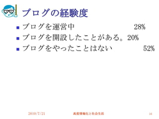 ブログの経験度
   ブログを運営中         28%
   ブログを開設したことがある。20%
   ブログをやったことはない      52%




    2010/7/21   高度情報化と社会生活   16
 