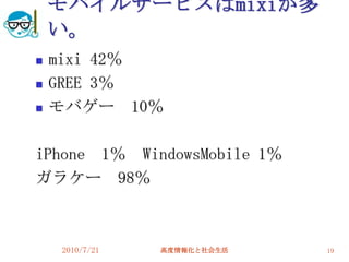 モバイルサービスはmixiが多
    い。
   mixi 42％
   GREE 3％
   モバゲー 10％

iPhone 1％ WindowsMobile 1％
ガラケー 98％



    2010/7/21   高度情報化と社会生活   19
 