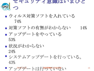セキュリティ意識はいまひと
     つ
   ウィルス対策ソフトを入れている
       74%
   対策ソフトの有無がわからない           14%
   アップデートをやっている
    53%
   状況がわからない
    24%

    システムアップデートを行っている。
    43%

    アップデートは行っていない
        2010/7/21 高度情報化と社会生活     20
 