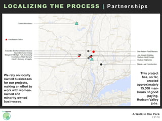 A Walk in the Park
7.21.16
LOCALIZING THE PROCESS | Partnerships
We rely on locally
owned businesses
for our projects,
making an effort to
work with women-
owned and
minority-owned
businesses.
This project
has, so far,
created
approximately
15,000 man-
hours of good
paying,
Hudson Valley
jobs.
 