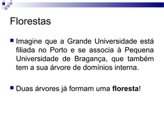 Florestas
 Imagine que a Grande Universidade está
filiada no Porto e se associa à Pequena
Universidade de Bragança, que também
tem a sua árvore de domínios interna.
 Duas árvores já formam uma floresta!
 