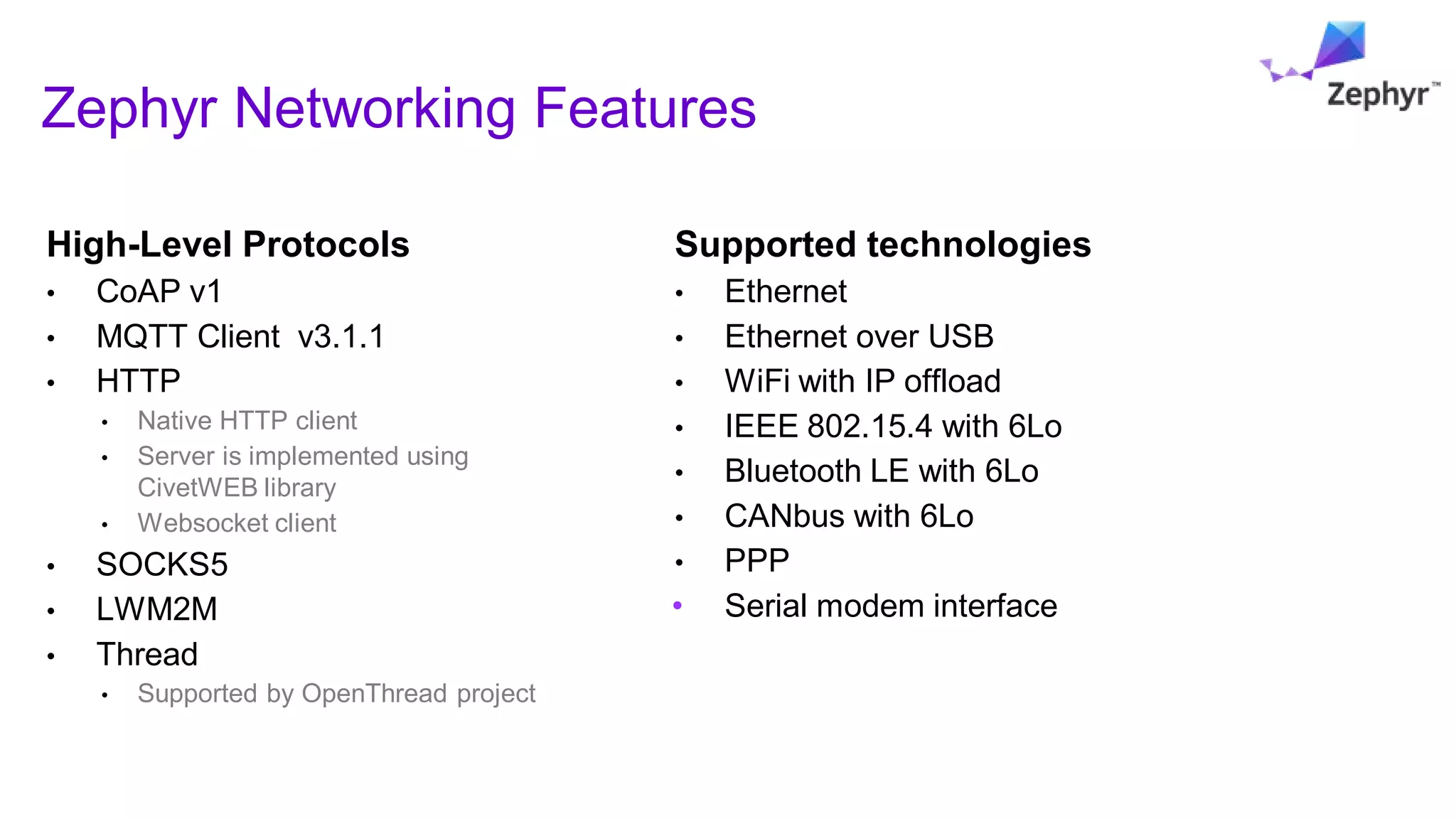 High-Level Protocols
• CoAP v1
• MQTT Client v3.1.1
• HTTP
• Native HTTP client
• Server is implemented using
CivetWEB library
• Websocket client
• SOCKS5
• LWM2M
• Thread
• Supported by OpenThread project
Zephyr Networking Features
Supported technologies
• Ethernet
• Ethernet over USB
• WiFi with IP offload
• IEEE 802.15.4 with 6Lo
• Bluetooth LE with 6Lo
• CANbus with 6Lo
• PPP
• Serial modem interface
 