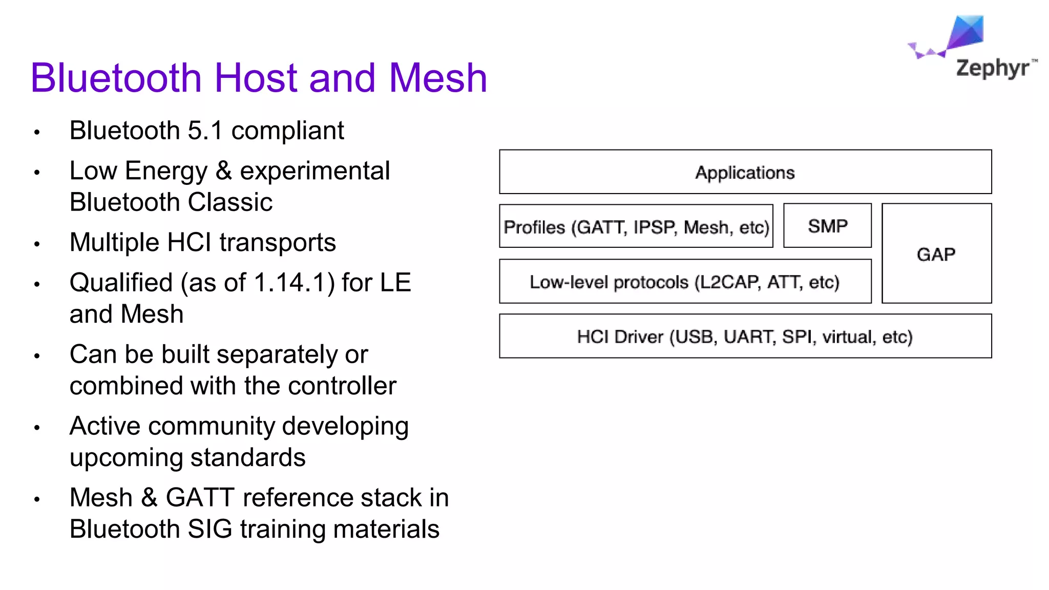 • Bluetooth 5.1 compliant
• Low Energy & experimental
Bluetooth Classic
• Multiple HCI transports
• Qualified (as of 1.14.1) for LE
and Mesh
• Can be built separately or
combined with the controller
• Active community developing
upcoming standards
• Mesh & GATT reference stack in
Bluetooth SIG training materials
Bluetooth Host and Mesh
 