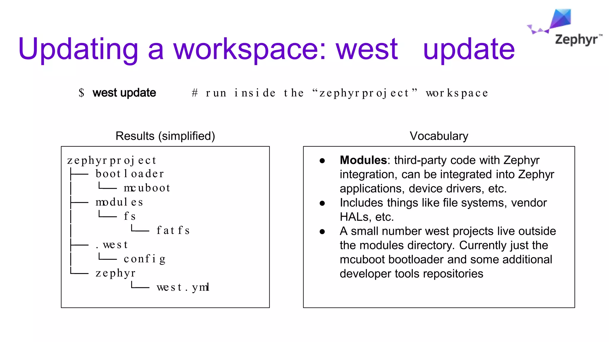Updating a workspace: west update
● Modules: third-party code with Zephyr
integration, can be integrated into Zephyr
applications, device drivers, etc.
● Includes things like file systems, vendor
HALs, etc.
● A small number west projects live outside
the modules directory. Currently just the
mcuboot bootloader and some additional
developer tools repositories
Vocabulary
$ west update # r un i ns i de t he “ z e phyr pr oj e c t ” wor ks pa c e
Results (simplified)
z e phyr pr oj e c t
├── boot l oa de r
│ └── mc uboot
├── modul e s
│ └── f s
│ └── f a t f s
├── . we s t
│ └── c onf i g
└── z e phyr
└── we s t . yml
 