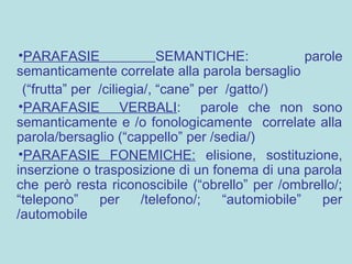•PARAFASIE SEMANTICHE: parole
semanticamente correlate alla parola bersaglio
(“frutta” per /ciliegia/, “cane” per /gatto/)
•PARAFASIE VERBALI: parole che non sono
semanticamente e /o fonologicamente correlate alla
parola/bersaglio (“cappello” per /sedia/)
•PARAFASIE FONEMICHE: elisione, sostituzione,
inserzione o trasposizione di un fonema di una parola
che però resta riconoscibile (“obrello” per /ombrello/;
“telepono” per /telefono/; “automiobile” per
/automobile
 