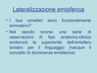 Lateralizzazione emisferica
• I due emisferi sono funzionalmente
simmetrici?
• Nel secolo scorso una serie di
osservazioni di tipo anatomo-clinico
evidenziò la superiorità dell’emisfero
sinistro per il linguaggio (nacque il
concetto di dominanza emisferica)
 