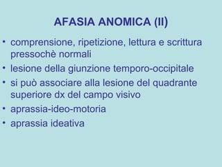 AFASIA ANOMICA (II)
• comprensione, ripetizione, lettura e scrittura
pressochè normali
• lesione della giunzione temporo-occipitale
• si può associare alla lesione del quadrante
superiore dx del campo visivo
• aprassia-ideo-motoria
• aprassia ideativa
 