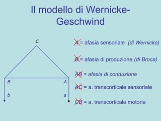Il modello di Wernicke-
Geschwind
B A
C
b a
A = afasia sensoriale (di Wernicke)
B = afasia di produzione (di Broca)
AB = afasia di conduzione
AC = a. transcorticale sensoriale
CB = a. transcorticale motoria
 