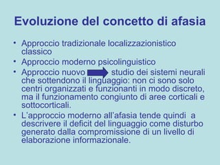Evoluzione del concetto di afasia
• Approccio tradizionale localizzazionistico
classico
• Approccio moderno psicolinguistico
• Approccio nuovo studio dei sistemi neurali
che sottendono il linguaggio: non ci sono solo
centri organizzati e funzionanti in modo discreto,
ma il funzionamento congiunto di aree corticali e
sottocorticali.
• L’approccio moderno all’afasia tende quindi a
descrivere il deficit del linguaggio come disturbo
generato dalla compromissione di un livello di
elaborazione informazionale.
 