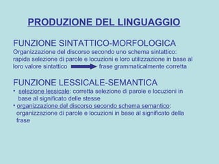 PRODUZIONE DEL LINGUAGGIO
FUNZIONE SINTATTICO-MORFOLOGICA
Organizzazione del discorso secondo uno schema sintattico:
rapida selezione di parole e locuzioni e loro utilizzazione in base al
loro valore sintattico frase grammaticalmente corretta
FUNZIONE LESSICALE-SEMANTICA
• selezione lessicale: corretta selezione di parole e locuzioni in
base al significato delle stesse
• organizzazione del discorso secondo schema semantico:
organizzazione di parole e locuzioni in base al significato della
frase
 