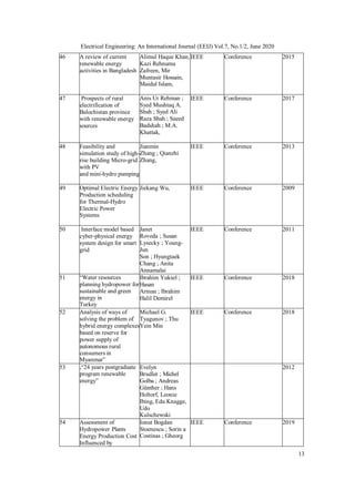 13
Electrical Engineering: An International Journal (EEIJ) Vol.7, No.1/2, June 2020
46 A review of current
renewable energy
activities in Bangladesh
Alimul Haque Khan,
Kazi Rehnuma
Zafreen, Mir
Muntasir Hossain,
Maidul Islam,
IEEE Conference 2015
47 Prospects of rural
electrification of
Balochistan province
with renewable energy
sources
Anis Ur Rehman ;
Syed Mushtaq A.
Shah ; Syed Ali
Raza Shah ; Saeed
Badshah ; M.A.
Khattak,
IEEE Conference 2017
48 Feasibility and
simulation study of high-
rise building Micro-grid
with PV
and mini-hydro pumping
Jianmin
Zhang ; Qianzhi
Zhang,
IEEE Conference 2013
49 Optimal Electric Energy
Production scheduling
for Thermal-Hydro
Electric Power
Systems
Jiekang Wu, IEEE Conference 2009
50 Interface model based
cyber-physical energy
system design for smart
grid
Janet
Roveda ; Susan
Lysecky ; Young-
Jun
Son ; Hyungtaek
Chang ; Anita
Annamalai
IEEE Conference 2011
51 “Water resources
planning hydropower for
sustainable and green
energy in
Turkey
Ibrahim Yuksel ;
Hasan
Arman ; Ibrahim
Halil Demirel
IEEE Conference 2018
52 Analysis of ways of
solving the problem of
hybrid energy complexes
based on reserve for
power supply of
autonomous rural
consumers in
Myanmar”
Michael G.
Tyagunov ; Thu
Yein Min
IEEE Conference 2018
53 ,“24 years postgraduate
program renewable
energy”
Evelyn
Brudler ; Michel
Golba ; Andreas
Günther ; Hans
Holtorf, Leonie
Ibing, Edu Knagge,
Udo
Kulschewski
2012
54 Assessment of
Hydropower Plants
Energy Production Cost
Influenced by
Ionut Bogdan
Stoenescu ; Sorin a
Costinas ; Gheorg
IEEE Conference 2019
 