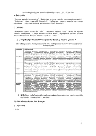 Electrical Engineering: An International Journal (EEIJ) Vol.7, No.1/2, June 2020
3
b) Intervention
“Resource potential Management”, “Hydropower resource potential management approaches” ,
“Hydropower resource potential Evaluation”, “Hydropower resource potential development
approaches” “Hydropower resource potential development techniques”
c) Outcome
“Hydropower trends around the Globe” , “Resource Potential Status”, “Status of Resource
Potential Management”, “Current Resource Potential Status”, “Hydropower Resource Potential
status”, ”Hydropower Resource Potential Trends and Status”
2) Strings Used for Essential “Primary” Studies Search of Research Question 1
Table 1: Strings used for primary studies search of the existing status of hydropower resource potential
around the globe
II. RQ2: What kind of methodologies frameworks and approaches are used for exploiting
and utilizing renewable energy resources
1) Search Strings/Second Step: Synonyms
a) Population
Citizens
 