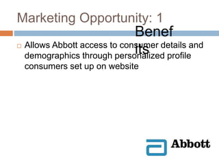 Marketing Opportunity: 1
 Allows Abbott access to consumer details and
demographics through personalized profile
consumers set up on website
Benef
its
 