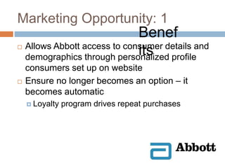 Marketing Opportunity: 1
 Allows Abbott access to consumer details and
demographics through personalized profile
consumers set up on website
 Ensure no longer becomes an option – it
becomes automatic
 Loyalty program drives repeat purchases
Benef
its
 