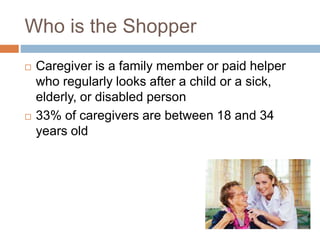 Who is the Shopper
 Caregiver is a family member or paid helper
who regularly looks after a child or a sick,
elderly, or disabled person
 33% of caregivers are between 18 and 34
years old
 