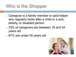 Who is the Shopper
 Caregiver is a family member or paid helper
who regularly looks after a child or a sick,
elderly, or disabled person
 33% of caregivers are between 18 and 34
years old
 87% are under 55 years old
 