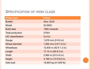 SPECIFICATION OF WDM CLASS
Power type Diesel
Builder Alco, DLW
Model DL560C
Build date 1962 onwards
Total production 2700+
UIC classification Co-Co
Gauge 1,676 mm (5 ft 6 in)
Wheel diameter 1,092 mm (3 ft 7.0 in)
Wheelbase 12.834 m (42 ft 1.3 in)
Length 17.12 m (56 ft 2 in)
Width 2.864 m (9 ft 4.8 in)
Height 4.185 m (13 ft 8.8 in)
Axle load 18,800 kg (41,000 lb)
 