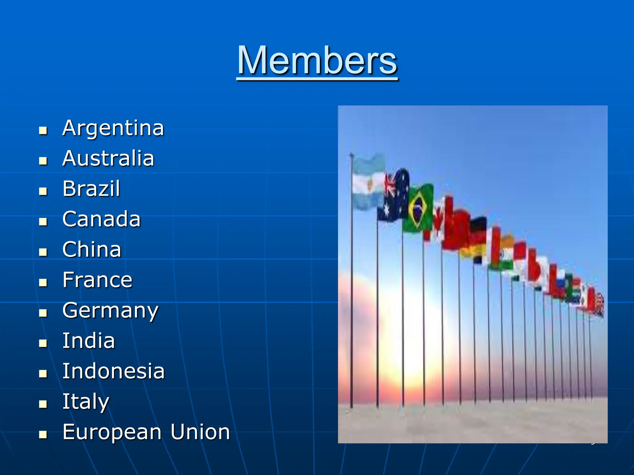 9
Members
 Argentina
 Australia
 Brazil
 Canada
 China
 France
 Germany
 India
 Indonesia
 Italy
 European Union
 