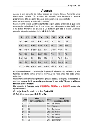 P á g i n a | 22
Acorde
Acorde é um conjunto de notas tocadas ao mesmo tempo, formando uma
composição perfeita. Os acordes são usados para tocarmos a música
propriamente dita, e a partir de agora começaremos o nosso estudo!
Quer saber como os acordes são formados?
Fazendo uma escala Diatônica (Entende-se por Escala Diatônica, o que seria
uma escala variando de 1 em 1 tom, porém isso não acontece pois do Mi para
o Fá temos 1/2 tom e do Si para o Dó também, por isso a escala Diatônica
possui a seguinte variação: (1, 1, 1/2, 1, 1, 1, 1/2)
A primeira coisa que podemos notar é que você não entendeu nada do que nós
fizemos na tabela acima! O que é normal, pois você ainda não sabe umas
coisinhas:
Os números em romano significam o grau da escala, cada grau corresponde a
um tom, menos do III para o IV, que temos ½ tom e do VII para o VIII que
também temos 1/2 tom.
Um acorde é formado pela PRIMEIRA, TERÇA e a QUINTA notas do
quadro acima!
Ou seja, Lá é formado por: La, Do# e Mi.
O Sol é formado por: Sol, Si e Ré.
 