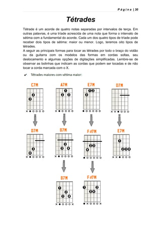 P á g i n a | 30
Tétrades
Tétrade é um acorde de quatro notas separadas por intervalos de terça. Em
outras palavras, é uma tríade acrescida de uma nota que forma o intervalo de
sétima com a fundamental do acorde. Cada um dos quatro tipos de tríade pode
receber dois tipos de sétima: maior ou menor. Logo, teremos oito tipos de
tétrades.
A seguir as principais formas para tocar as tétrades por todo o braço do violão
ou da guitarra com os modelos das formas em cordas soltas, seu
deslocamento e algumas opções de digitações simplificadas. Lembre-se de
observar as bolinhas que indicam as cordas que podem ser tocadas e de não
tocar a corda marcada com o X.
 