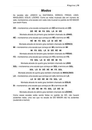 P á g i n a | 70
Modos
As escalas são: JONICO ou DIATONICA, DÓRICO, FRÍGIO, LÍDIO,
MIXOLIDEO, EÓLIO, LÓCRIO. Como as notas musicais são em número de
sete, montaremos uma escala com cada nota musical no padrão de DÓ MAIOR
que assim ficara.
DÒ – montaremos uma escala começando em DÒ terminando em DÒ:
DÓ RÉ MI FÁ SOL LÁ SI DÓ
Montada através do primeiro grau também chamado de JONIO.
RÈ – montaremos uma escala que começa em RÈ e termina em RÈ:
RÉ MI FÁ SOL LÁ SI DÓ RÉ
Montada através do terceiro grau também chamado de DÒRICO.
MI – montaremos uma escala que começa em MI e termina em MI:
MI FÁ SOL LÁ SI DÓ RÉ MI
Montada através do terceiro grau também chamado de FRÌGIO.
FÁ – montaremos uma escala que começa em FÀ e termina em FÀ:
FÁ SOL LÁ SI DÓ RÉ MI FÁ
Montada através do quarto grau também chamado de LÌDIO.
SOL – montaremos uma escala que começa em SOL e termina em SOL:
SOL LÁ SI DÓ RÉ MI FÁ SOL
Montada através do quinto grau também chamado de MIXOLÌDEO.
LÁ – montaremos uma escala que começa em LÀ e termina em LÀ:
LÁ SI DÓ RÉ MI FÁ SOL LÁ
Montada através do sexto grau também chamado de EÒLIO.
SI – montaremos uma escala que começa em SI e termina em SI:
SI DÓ RÉ MI FÁ SOL LÁ DÓ SI
Montada através do sétimo grau também chamado de LÒCRIO.
Como essas escalas estão sendo feitas no padrão de DÒ, não haverá
acidentes nelas, uma vez que na escala de DÒ MAIOR não há acidentes
(sustenido e bemol).
 