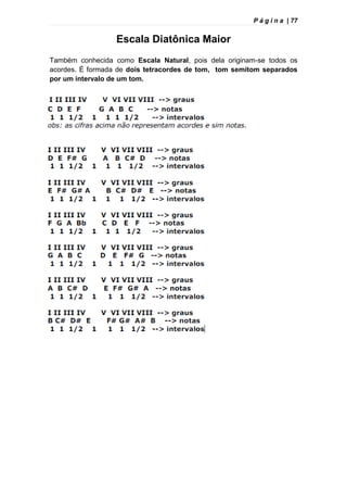 P á g i n a | 77
Escala Diatônica Maior
Também conhecida como Escala Natural, pois dela originam-se todos os
acordes. É formada de dois tetracordes de tom, tom semitom separados
por um intervalo de um tom.
 