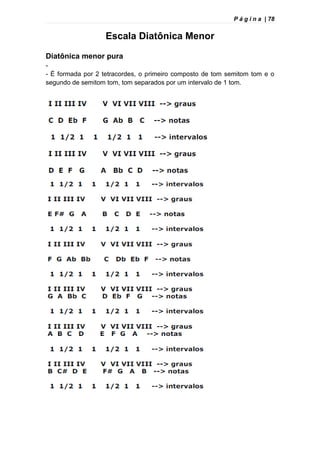 P á g i n a | 78
Escala Diatônica Menor
Diatônica menor pura
-
- É formada por 2 tetracordes, o primeiro composto de tom semitom tom e o
segundo de semitom tom, tom separados por um intervalo de 1 tom.
 