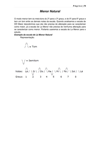 P á g i n a | 79
Menor Natural
O modo menor tem os meio-tons do 2º para o 3º graus, e do 5º para 6º graus e
tem um tom entre as demais notas da escala. Quando analisamos a escala de
DÓ Maior descobrimos que ela não precisa de alteração para se caracterizar
como maior, já a escala de La Menor não precisa de nenhuma alteração para
se caracterizar como menor. Portanto usaremos a escala de La Menor para o
estudo.
Exemplo da escala de Lá Menor Natural
Representação:
 
