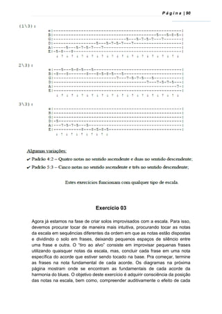 P á g i n a | 90
Exercício 03
Agora já estamos na fase de criar solos improvisados com a escala. Para isso,
devemos procurar tocar de maneira mais intuitiva, procurando tocar as notas
da escala em sequências diferentes da ordem em que as notas estão dispostas
e dividindo o solo em frases, deixando pequenos espaços de silêncio entre
uma frase e outra. O “tiro ao alvo” consiste em improvisar pequenas frases
utilizando quaisquer notas da escala, mas, concluir cada frase em uma nota
específica do acorde que estiver sendo tocado na base. Pra começar, termine
as frases na nota fundamental de cada acorde. Os diagramas na próxima
página mostram onde se encontram as fundamentais de cada acorde da
harmonia do blues. O objetivo deste exercício é adquirir consciência da posição
das notas na escala, bem como, compreender auditivamente o efeito de cada
 