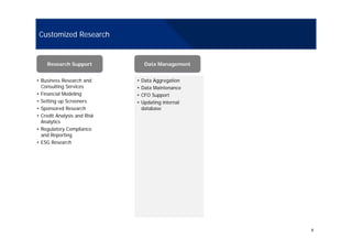 Customized Research
Research Support Data Management
• Business Research and
Consulting Services
• Financial Modeling
• Data Aggregation
• Data Maintenance
• CFO Supportg
• Setting up Screeners
• Sponsored Research
• Credit Analysis and Risk
Analytics
CFO Support
• Updating internal
database
y
• Regulatory Compliance
and Reporting
• ESG Research
8
 
