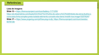 Lista de imagens
Slide 13 – https://thenounproject.com/icon/battery-1171255/
https://pt.dreamstime.com/ilustra%C3%A7%C3%A3o-do-vetor-s%C3%ADmbolo-da-cerca-ilustra-o-
cone-esbo-linha-simples-preta-isolada-elemento-conceito-dos-bens-imobili-rios-image152576247
Slide 17 – https://www.pngwing.com/pt/free-png-nrufp; https://thenounproject.com/icon/resistor-
6078136/
 