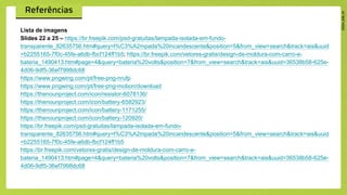 Lista de imagens
Slides 22 a 25 – https://br.freepik.com/psd-gratuitas/lampada-isolada-em-fundo-
transparente_82635756.htm#query=l%C3%A2mpada%20incandescente&position=5&from_view=search&track=ais&uuid
=b2255165-7f0c-45fe-a6db-fbcf124ff1b5; https://br.freepik.com/vetores-gratis/design-de-moldura-com-carro-e-
bateria_1490413.htm#page=4&query=bateria%20volts&position=7&from_view=search&track=ais&uuid=36538b58-625e-
4d06-9df5-36ef7998dc68
https://www.pngwing.com/pt/free-png-nrufp
https://www.pngwing.com/pt/free-png-mobon/download
https://thenounproject.com/icon/resistor-6078136/
https://thenounproject.com/icon/battery-6582923/
https://thenounproject.com/icon/battery-1171255/
https://thenounproject.com/icon/battery-120920/
https://br.freepik.com/psd-gratuitas/lampada-isolada-em-fundo-
transparente_82635756.htm#query=l%C3%A2mpada%20incandescente&position=5&from_view=search&track=ais&uuid
=b2255165-7f0c-45fe-a6db-fbcf124ff1b5
https://br.freepik.com/vetores-gratis/design-de-moldura-com-carro-e-
bateria_1490413.htm#page=4&query=bateria%20volts&position=7&from_view=search&track=ais&uuid=36538b58-625e-
4d06-9df5-36ef7998dc68
 