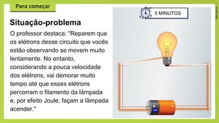 O professor destaca: "Reparem que
os elétrons desse circuito que vocês
estão observando se movem muito
lentamente. No entanto,
considerando a pouca velocidade
dos elétrons, vai demorar muito
tempo até que esses elétrons
percorram o filamento da lâmpada
e, por efeito Joule, façam a lâmpada
acender."
Situação-problema
5 MINUTOS
 