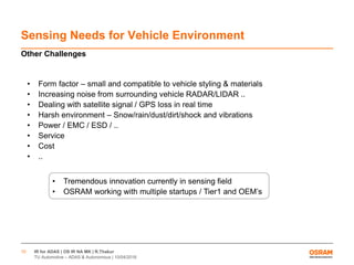 IR for ADAS | OS IR NA MK | R.Thakur
TU Automotive – ADAS & Autonomous | 10/04/2016
10
Sensing Needs for Vehicle Environment
Other Challenges
• Form factor – small and compatible to vehicle styling & materials
• Increasing noise from surrounding vehicle RADAR/LIDAR ..
• Dealing with satellite signal / GPS loss in real time
• Harsh environment – Snow/rain/dust/dirt/shock and vibrations
• Power / EMC / ESD / ..
• Service
• Cost
• ..
• Tremendous innovation currently in sensing field
• OSRAM working with multiple startups / Tier1 and OEM’s
 