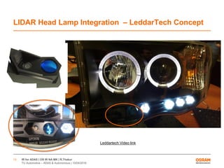 IR for ADAS | OS IR NA MK | R.Thakur
TU Automotive – ADAS & Autonomous | 10/04/2016
13
LIDAR Head Lamp Integration – LeddarTech Concept
Leddartech Video link
 