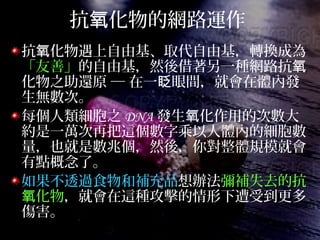 抗 化物的網路運作氧
抗 化物遇上自由基、取代自由基，轉換成為氧
「友善」的自由基，然後借著另一種網路抗氧
化物之助還原 ─ 在一 眼間，就會在體內發眨
生無數次。
每個人類細胞之 DNA 發生 化作用的次數大氧
約是一萬次再把這個數字乘以人體內的細胞數
量，也就是數兆個，然後，你對整體規模就會
有點概念了。
如果不透過食物和補充品想辦法彌補失去的抗
化物氧 ，就會在這種攻擊的情形下遭受到更多
傷害。
 