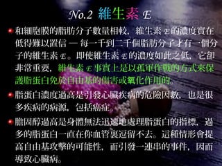 No.2 維生素 E
和細胞膜的脂肪分子數量相較，維生素 E 的濃度實在
低得難以置信 ─ 每一千到二千個脂肪分子才有一個分
子的維生素 E 。即使維生素 E 的濃度如此之低，它卻
非常重要，維生素 E 事實上是以孤軍作戰的方式來保
護脂蛋白免於自由基的傷害或 化作用的氧 。
脂蛋白濃度過高是引發心臟疾病的危險因數，也是很
多疾病的病源，包括癌症。
膽固醇過高是身體無法迅速地處理脂蛋白的指標，過
多的脂蛋白一直在你血管裏逗留不去。這種情形會提
高自由基攻擊的可能性，而引發一連串的事件，因而
導致心臟病。
 