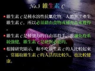 No.3 維生素 C
維生素 C 是種水溶性抗 化物，人體無法產生氧
維生素 C ，所以必須藉由食物或補充品來獲得
。
維生素 C 是種強力的自由基殺手，要讓免疫系
統強健，維生素 C 是絕對必要的。
根據研究顯示，和不吃維生素 C 的人比較起來
，常攝取維生素 C 的人活得比較久、也比較健
康。
 