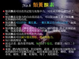 No.6 類黃酮素
類黃 素可以改善記憶力及集中力，可用來治療注意力缺乏酮
症。
類黃 素是強力的自由基清道夫，可以提高維生素酮 C 在抗氧
化物網路中的功效。
類黃 素酮 可以控制 - 化氧 氮。一 化 是有力的自由基氧 氮 ，血流
的調節器。
類黃 素透過三種重要的方式保持心臟的健康酮 : 防止血液結血
塊、保護身體防止低密度脂蛋白的 化，降低高血壓。氧
類黃 素可以改善男性的性功能。酮
類黃 素可以酮 減少發炎情形、提高免疫力。
每日推薦劑量 : 無
派克計畫 : 銀杏葉萃取劑，每日三十毫克。碧蘿芷 : 每日二十
毫克。
來源 : 體內無法製造，但是植物、蔬菜、水果以及以植物為基
底的飲料中含量極為豐富。最佳來源包括茶葉、柳橙、柑橘
水果、蘋果、洋 、紅葡萄、莓子、及松樹皮。蔥
 