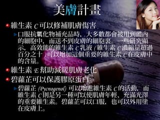 美膚計畫
維生素 C 可以修補肌膚傷害
口服抗 化物補充品時，大多數都會被用到體內氧
的細胞中，而送不到皮膚的細胞裏。一些研究顯
示，高效能的維生素 C 乳液 ( 維生素 C 濃縮量超過
百分之十 ) 可以增加這個重要的維生素 C 在皮膚中
的含量。
維生素 E 幫助減緩肌膚老化
碧蘿芷可以保護膠原蛋白
碧蘿芷 (Pycnogenol) 可以增進維生素 C 的活動，而
維生素 C 則是另一種可以使肌膚年輕、充滿光澤
的重要維生素。碧蘿芷可以口服，也可以外用塗
在皮膚上。
 