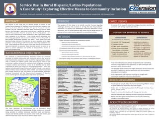 Service Use in Rural Hispanic/Latino Populations
A Case Study: Exploring Effective Means to Community Inclusion
Zina Soltis, Outreach Assistant for UW-Extension / MS Candidate in Community & Organizational Leadership, UW-Stevens Point
ABSTRACT
The purpose of this study was to identify barriers to service of the
Hispanic/Latino population of Waushara County, Wisconsin and to explore how
these may be best addressed to further the goal of community inclusion.
Fourteen (14) key informant interviews were conducted to discuss these
barriers, and challenges in overcoming these barriers, in addition to perceived
needs of the population from the perspective of community partners. As a
result of these conversations, several similarities as well as gaps were revealed
when compared to the literature. These include barriers associated with
second-language aptitude and documentation/status issues as they relate to
ever-changing government legislation and policy. Those assets that were
identified by key informants that aid them in service provision to the target
population consist of bilingual staff and trust and relationships established over
time. These findings will serve to inform future steps taken by the University of
Wisconsin-Extension to overcome these identified barriers to service in an
effort to include individuals and families of Hispanic/Latino descent in
community programming.
BACKGROUND & OBJECTIVES
The University of Wisconsin-Extension Waushara County has previously
attempted to establish relationships with community partners that serve the
local Hispanic/Latino population, as well as with the target population itself, in
order to identify and address specific needs that may be unique to this
community, in addition to barriers to involvement with the greater community.
A Hispanic coalition was formed as a result of an identified need to better
understand the desires and concerns of this growing population. These were
explored and addressed through focus groups and also through a prior grant to
address Children, Youth, and Families at Risk (CYFAR). Due to staff turnover and
grant funding reaching its end, the coalition has since disbanded resulting in
weakened connections with the Hispanic/Latino population of Waushara
County and the agencies and organizations that remain serving them.
PURPOSE
METHODS
RESULTS
CONCLUSIONS
RECOMMENDATIONS
• Include a wider sample of key informants representing different sectors
to gather additional information and build rapport
• Collect data from the target population itself through interviews, focus
groups, and/or surveys
• Assess the community’s readiness for change prior to action
• Identify clear goals and objectives to guide community intervention
• Revisit and refine goals and objectives to account for continuing
changes in community needs
• 28 key informants selected via convenience sample:
• State (3) and county (3) government
• County libraries (8) and school districts (3)
• Community service organizations (9) and local businesses (Hispanic/Latino owned, 2)
• 22 responses (some did not meet criteria)
• 14 semi-structured interviews:
• Twelve-question interview instrument
• 60 minute average length of interview
• Conducted in person between December 22nd, 2015 and January 18th, 2016
• Descriptive coding and qualitative data analysis in MAXQDA software
The purpose of this study is to identify common themes regarding
challenges, barriers, and successes in serving the local Hispanic/Latino
population in a specific rural, Midwestern community (Waushara County,
Wisconsin), and to further examine why these may be taking place in an
attempt to form a best-practice approach to community inclusion.
The main objectives of UW-Extension are to reestablish these
relationships, maintain an understanding of what services are currently
being provided to address previously identified needs and barriers,
reassess and identify possible new and/or unmet needs and barriers, and
determine the best course of action to address these issues.
• Trust and relationships are perhaps the greatest asset in providing
services to the Hispanic/Latino population, as well as bilingual staff
persons to aid in communication
• The language barrier remains the largest obstacle to service access and
provision, in addition to barriers associated with documentation
status/government policy
• As an organization, UW-Extension continues to struggle with
community recognition and service identification
• As a result of the research, similarities and gaps have been identified as
compared with existing inquiries (see below)
ACKNOWLEDGEMENTS
Community partners representing various agencies and organizations in Waushara
County, Wisconsin who participated in this research
The University of Wisconsin-Stevens Point School of Health Promotion & Human
Development and the University of Wisconsin-Extension, Cooperative Extension
Graduate Project Committee: Dr. Jasia Steinmetz (UWSP), Terry Aittama (UWSP), and
Barb Barker (UWEX)
UW-Extension North Central Region and Epsilon Sigma Phi for grant funds in support of
the research
 