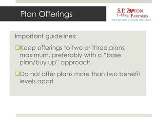 Plan Offerings
Important guidelines:
Keep offerings to two or three plans
maximum, preferably with a “base
plan/buy up” approach
Do not offer plans more than two benefit
levels apart
 