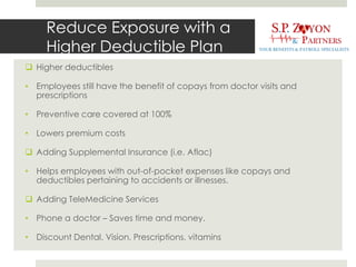 Reduce Exposure with a
Higher Deductible Plan
 Higher deductibles
• Employees still have the benefit of copays from doctor visits and
prescriptions
• Preventive care covered at 100%
• Lowers premium costs
 Adding Supplemental Insurance (i.e. Aflac)
• Helps employees with out-of-pocket expenses like copays and
deductibles pertaining to accidents or illnesses.
 Adding TeleMedicine Services
• Phone a doctor – Saves time and money.
• Discount Dental, Vision, Prescriptions, vitamins
 