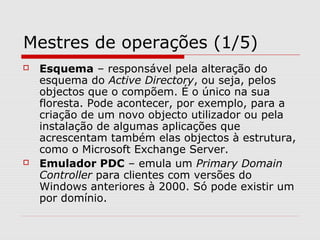 Mestres de operações (1/5)
 Esquema – responsável pela alteração do
esquema do Active Directory, ou seja, pelos
objectos que o compõem. É o único na sua
floresta. Pode acontecer, por exemplo, para a
criação de um novo objecto utilizador ou pela
instalação de algumas aplicações que
acrescentam também elas objectos à estrutura,
como o Microsoft Exchange Server.
 Emulador PDC – emula um Primary Domain
Controller para clientes com versões do
Windows anteriores à 2000. Só pode existir um
por domínio.
 