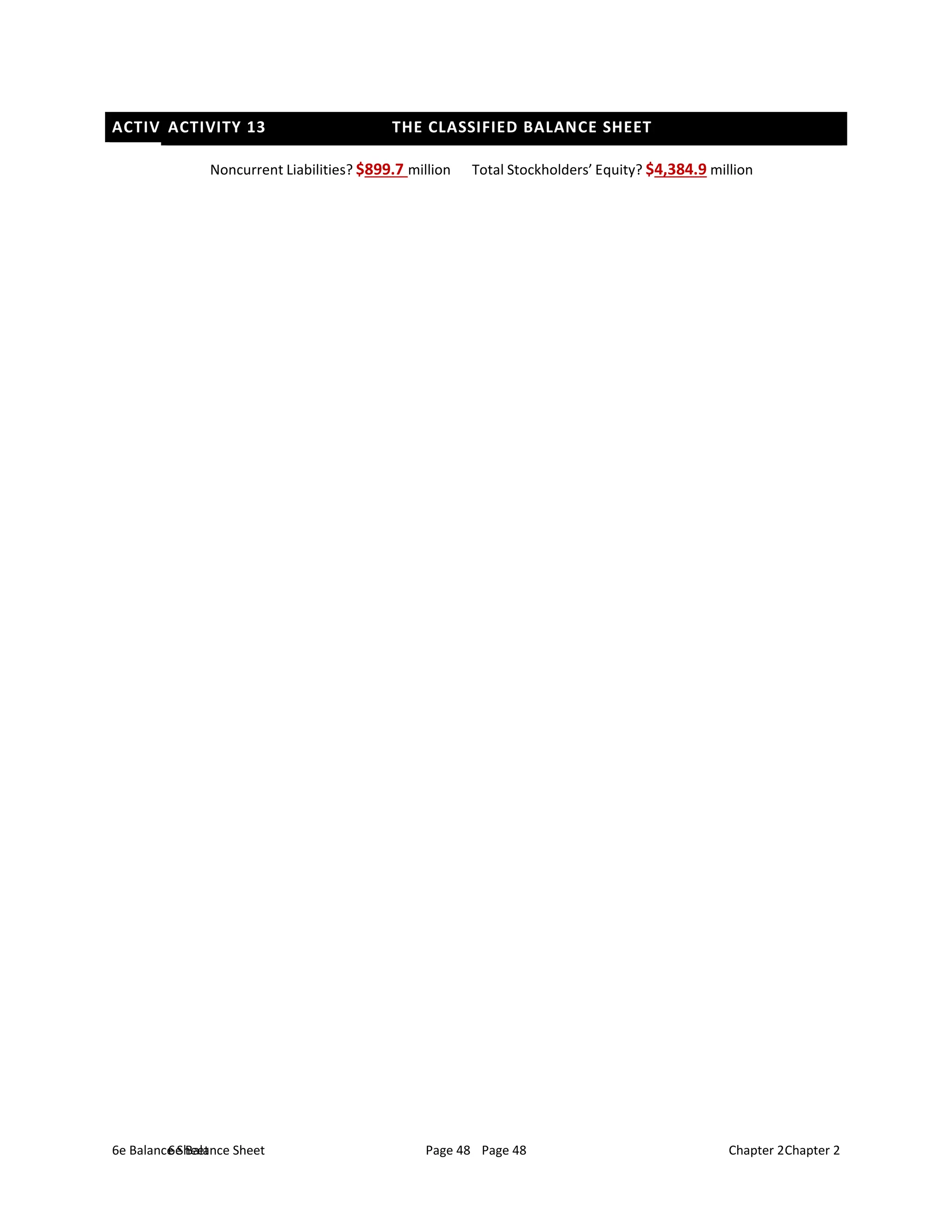 ACTIVITY 12 CROSSWORD PUZZLE FOR CHAPTER 2
ACTIVITY 13 THE CLASSIFIED BALANCE SHEET
6e Balance Sheet Page 48 Chapter 2
6e Balance Sheet Page 48 Chapter 2
Noncurrent Liabilities? $899.7 million Total Stockholders’ Equity? $4,384.9 million
 